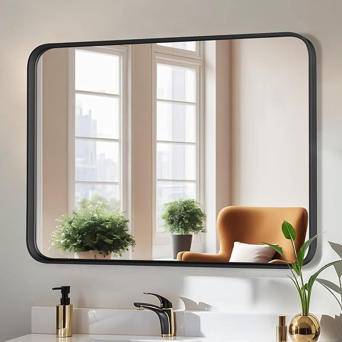 Bathroom Mirror 40x30 Inch Black Metal Framed Rounded Rectangle Vanity Mirror for Wall, Over Sink, Farmhouse, Restroom, Anti-Rust, Modern Decorative, Horizontal or Vertical Hanging