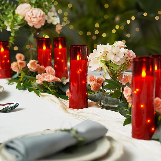 Raycare Flameless Candles with Embedded Star String, 9 Pcs Battery Operated Acrylic Pillar Candles with Timer and Remote, LED Candles for Romantic Ambiance and Home Decoration (Red)