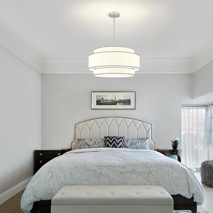 19.7''Drum Chandelier Dining Room Light Fixtures,3-Tier Modern White Fabric Brushed Nickel Pendant Lights,6-Light Kitchen Island Lighting Farmhouse Chandeliers for Living Room Foyer Staircase