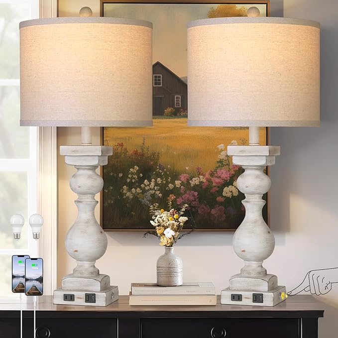 28" Tall Farmhouse Table Lamps Set of 2 with USB C+A Ports and AC Outlet, 3 Way Touch Tall Rustic Bedside Lamps for Living Room, Off White Vintage Lamps for Bedroom Nightstand