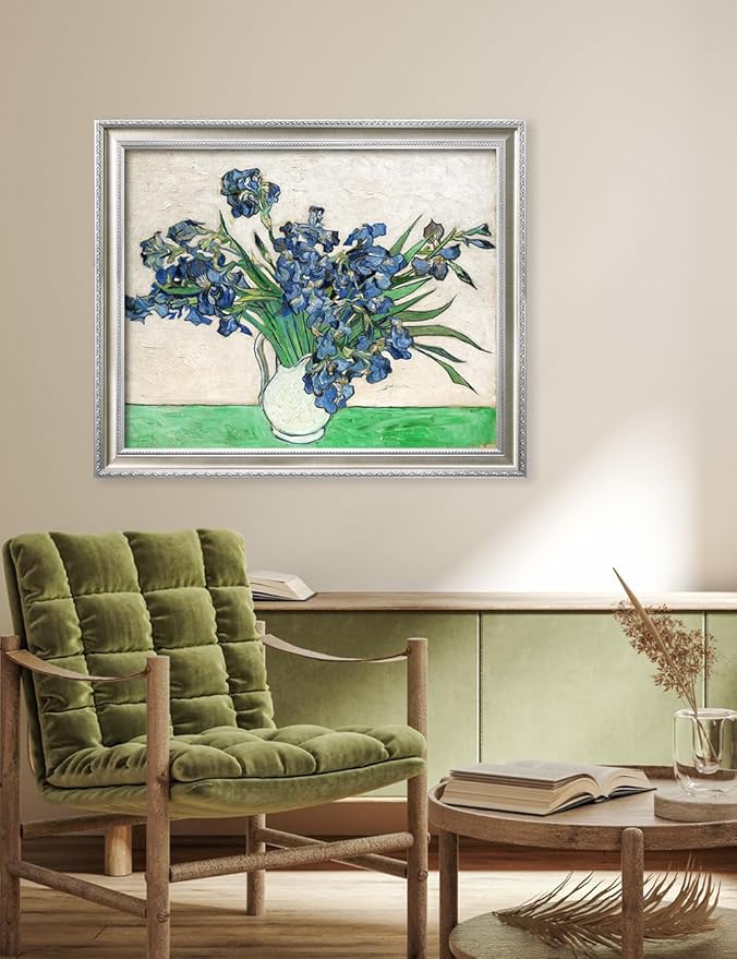 DECORARTS - Vincent van Gogh's Vase with Irises (1889), Museum-Quality Giclee Canvas Print in Silver Solid Wood Frame, 34.75 x 28.75 in, Ready to Hang, Made in USA