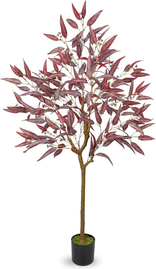 Briful 5ft Artificial Eucalyptus Tree in Black Pot, Realistic Silk Potted Floor Plant Eucalyptus Plant for Home Decor Indoor Outdoor Patio Office, Burgundy Leaf
