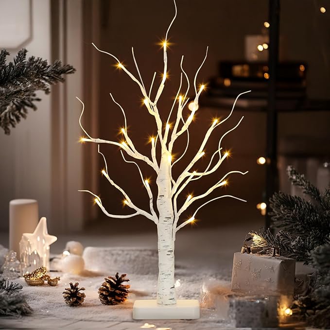 Vanthylit Lighted Birch Tree Battery Powered Tabletop Tree Decorations for Home Mantle Party Christmas Decorations (22 Inch)