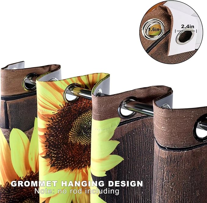 Sunflower Wood Barn Door Floral Blackout Curtains Flower Rustic Brown Vintage Wooden Farmhouse Decor Women Girl Ladies Home Bedroom Living Room Darkening Grommet Window Drapes 2 Panel Set, 52x84 Inch