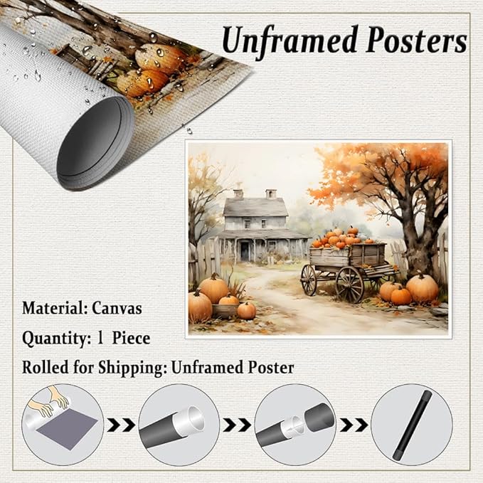 Autumn Farmhouse Sketch posters Gallery Canvas Print Wall Art Vintage Farmhouse Decor Autumn Art Fall Landscape Pumpkin Decoration 20x30"Unframed