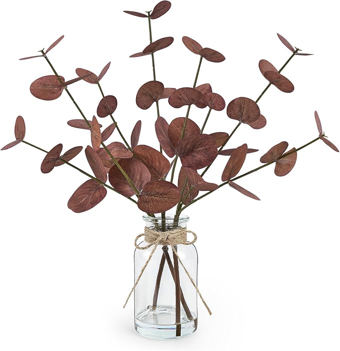 Artificial Eucalyptus Stems in Glass Vase with Faux Water, 14" Fake Plants for Home Decor, Coffee Table Centerpieces, Office, Bathroom & Farmhouse Weddings - Faux Plants Decorations
