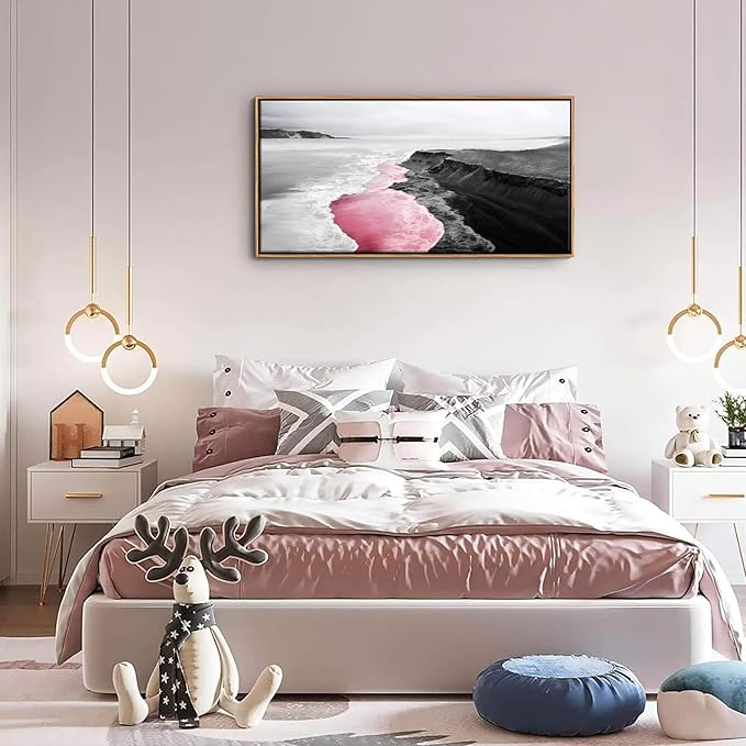 YCPRIMER Pink Canvas Wall Beach Black and White Picture for Living Room Largre Artwork for Wall Coastal Ocean Seascape Painting bedroom Wall Decor Above Bed 20×40IN