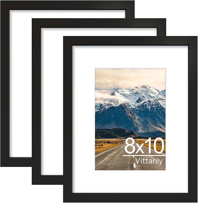 Vittanly 8x10 Picture Frames Set of 3, Display Photo 5x7 with Mat or 8x10 without Mat, Picture Frame for Wall Mount or Tabletop Display, Black