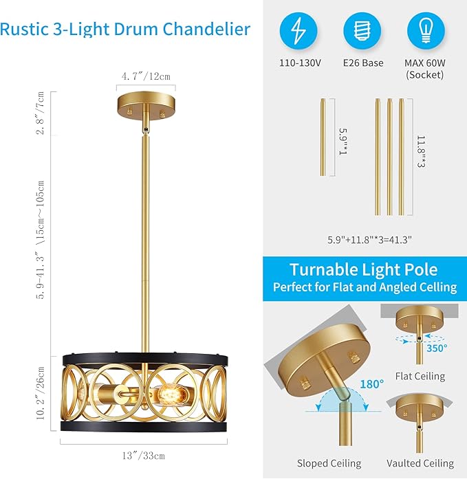 XINGQI 3-Light Modern Chandelier, 13" Pendant Light Height Adjustable Dining Room Light Fixtures for Bedroom Living Room Kitchen Metal Black and Gold