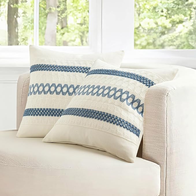MIULEE Set of 2 Coastal Blue Boho Decorative Pillow Covers 20x20 Inch Farmhouse Rustic Couch Throw Pillows Modern Summer Cotton Cushion Covers Retro Cute Macrame Woven Home Decor for Bed Sofa Chair