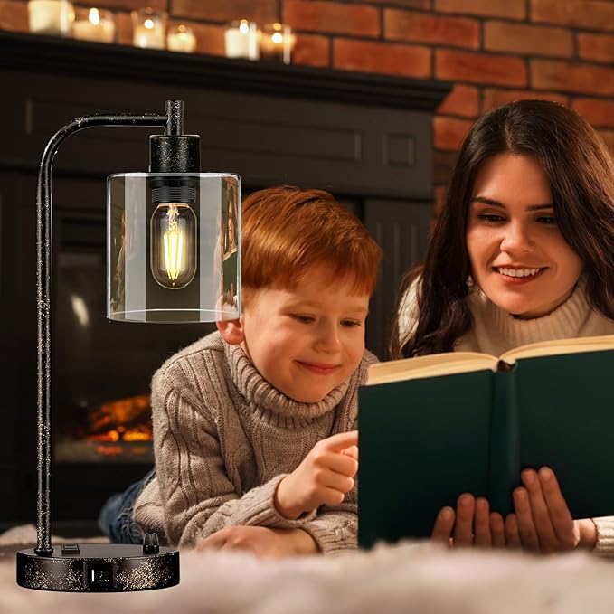 Set of 2 Industrial Table Lamps with USB Port, Rustic Black Fully Stepless Dimmable Bedside Lamps for bedrooms, Nightstand Desk Lamps with Clear Glass Shade for Reading Living Room Office 2 LED Bulb