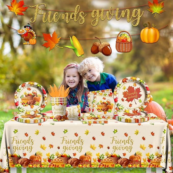 Friends Giving Party Decorations,142Pcs Fall Tableware Includes Paper Plates,Tablecloth,Cups Autumn Pumpkin Maple Turkey Theme Decorations for Friends Giving Holiday,Fall Decoration