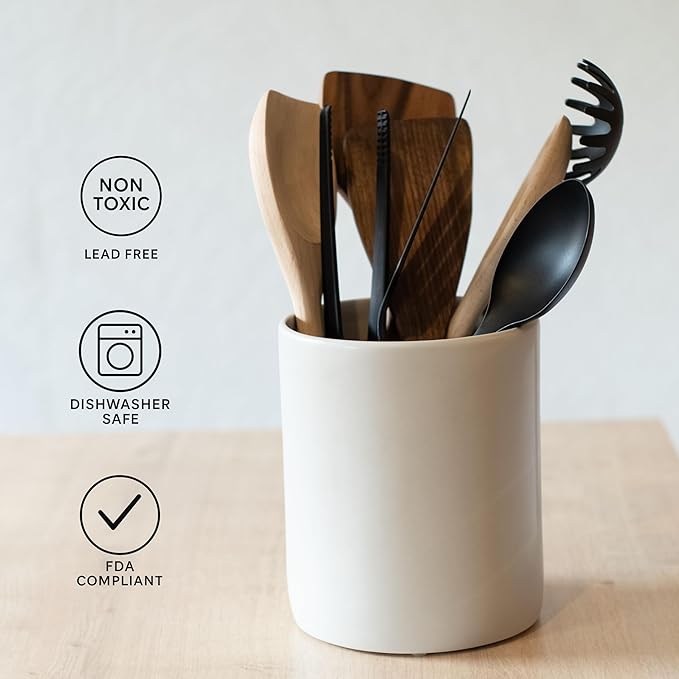 Ceramic Large Kitchen Utensil Holder for Countertop, 7"x5.9", Stable & Sturdy, Cooking Utensils Holder, Smooth & Matte Cream Color,Silicone Pads, Utensil Organizer for Kitchen Counter Decor