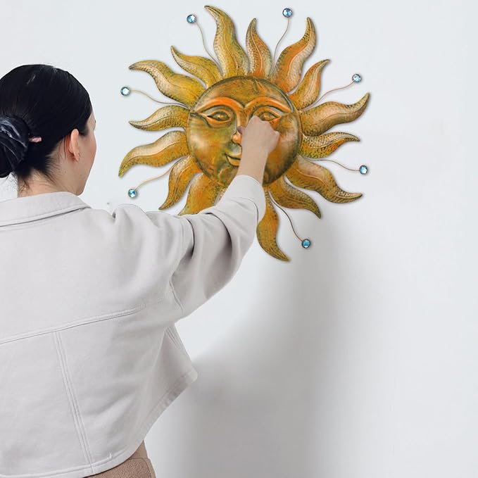 Sun Metal Wall Art, 3D Sun Face Large Wall Art for Living Room, Retro Gold Wall Hanging Decor, Brass Wall Sculptures with Blue Bead, 27 Inches Wall Decor for Garden Yard Patio Home