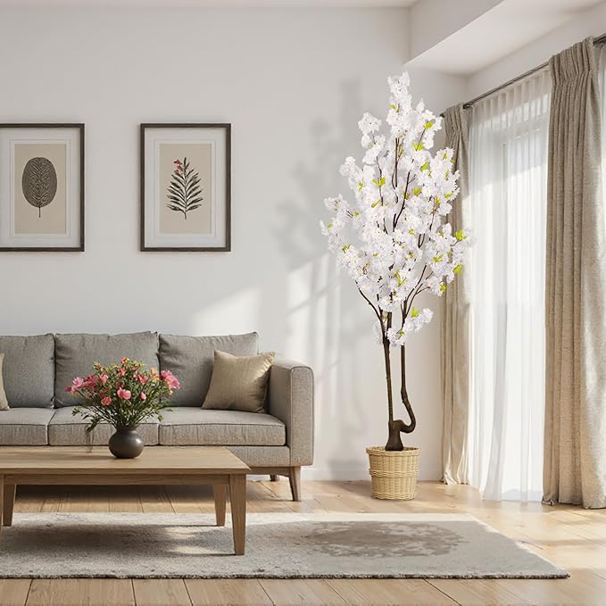 Faux White Cherry Blossom Tree 7ft(84in) Tall Artificial Plant Indoor Decor Handmade Natural Fake White Flower Tree for Wedding Realistic Cherry Plant in Pot for Home Living Room,Office,Outdoor Decor.