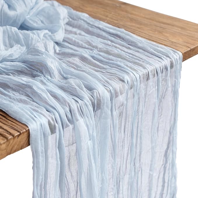 Ling's Moment 14Ft Dusty Blue Cheesecloth Table Runner Boho Chic Gauze Semi-Sheer Tablecloth for Wedding Celebrations for Baby Shower Decorations