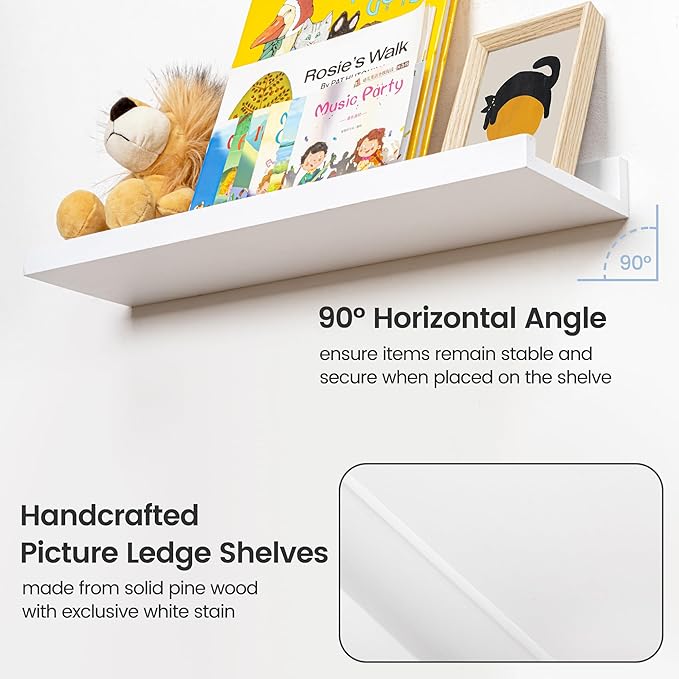 Picture Ledge Shelf for Wall, 16 inch Solid Pine Wood Nursery Book Shelves 2 Packs, Floating Ledge Shelves for Kids' Room Bedroom Bathroom Living Room Photo Frames Office Nursey Wall Decor, White