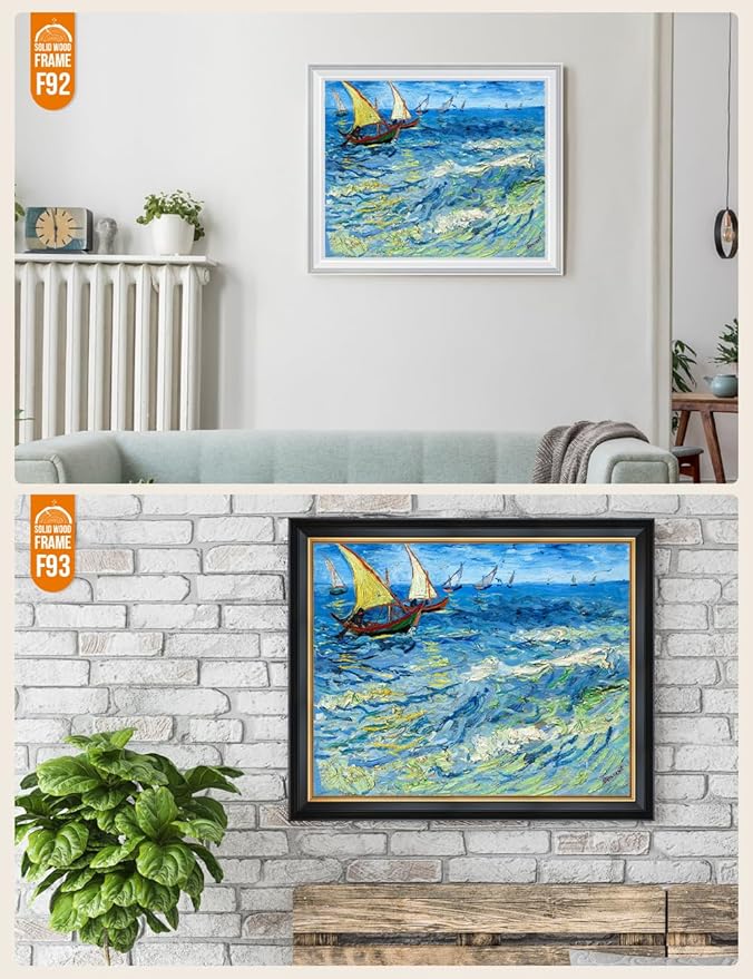 DECORARTS - Fishing Boats At Sea - Vincent Van Gogh Giclee Prints w/Antique Brown Frame for Wall Decor. Picture Size: 20x16, Total Size w/Frame: 23x19