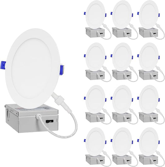 12-Pack of 6-Inch Slim LED Recessed Lights with Junction Box, Adjustable Color Temperatures (2700K-5000K), 12W Equivalent to 110W, Dimmable, 1050LM Brightness - ETL and Energy Star Certified