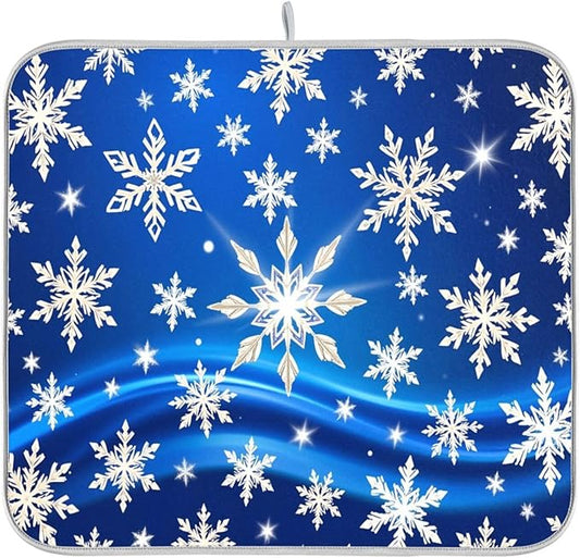 Christmas Blue Snowflakes Dish Drying Mat for Kitchen Counter 16 x 18 Snow Flakes Microfiber Dry Dishes Mats Drainer Mat Dish Drying Pad for Countertops