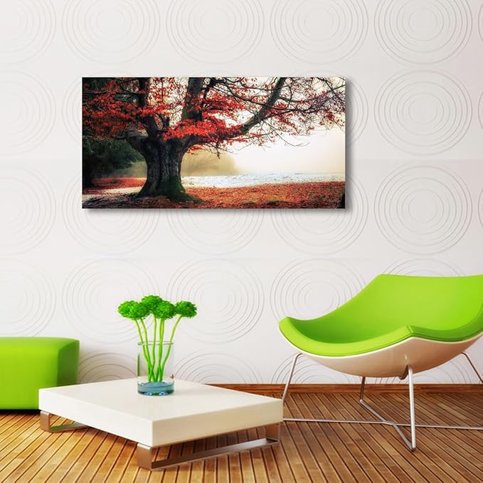 Stunning Nature Landscape Wall Art - 24x48 inches Canvas Artwork of Sunrise Forest Scenery with Red Leaves. Perfect Wall Decoration for Living Room, Bedroom and More