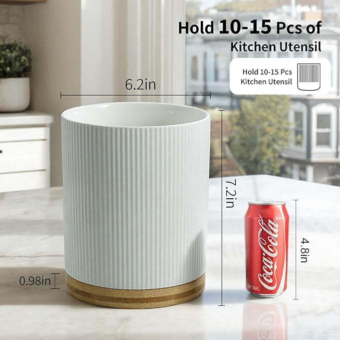 Ceramic Utensil Holder, 7.76" 3.5L Wooden Non-Slip Base 360°Rotating Design for Kitchen Countertop Farmhouse Decor (white)