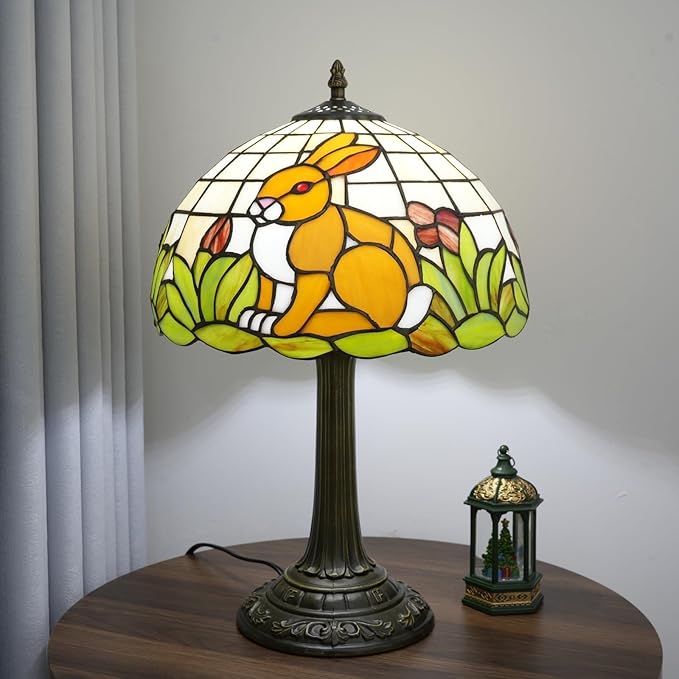 Uniquel Cute Brown Rabbit Tiffany Lamp Retro Style Stained Glass Table Lamp Vintage Aesthetic Bedside Lamps for Bedroom Nightstand Night Stand Lighting Reading Unusual Kids Decor Desk Lamp 12 Inch