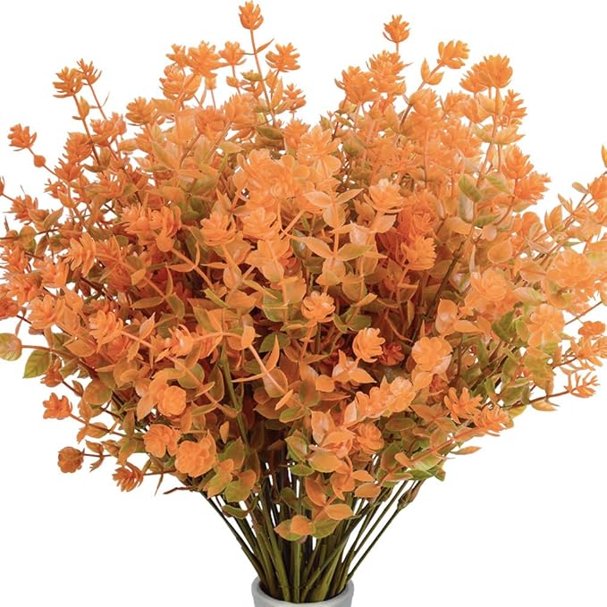 12pcs Artificial Fall Flowers Fake Eucalyptus Flower Outdoor UV Resistant Fall Plants for Home Kitchen Christmas Festival Thanksgiving Autumn Decoration (12, Fall Orange)