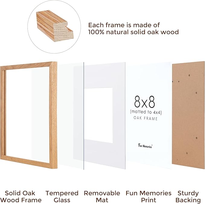 8x8 Picture Frame, Solid Oak Wood 8 x 8 Picture Frames Matted to 4 x 4,Square 8 x 8 Wood Frame with Tempered Real Glass, Rustic 8x8 Photo Frame for Wall & Tabletop Display