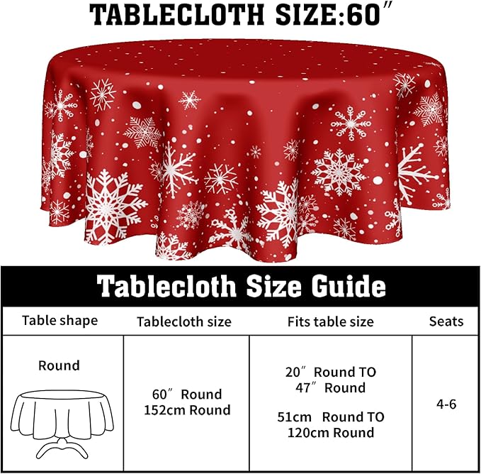 Christmas Round Tablecloth 60 Inch, Merry Christmas Snowflake Round Table Cloth Outdoor Waterproof Christmas Tablecloths Red Xmas Cover Holiday Tabletop Decoration for Kitchen Home Party Dining