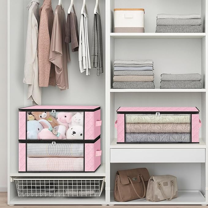 HomeHacks Storage 10-Pack Clothes Organizer Storage Bags Foldable Storage Box with Large Clear Window Sturdy Handles for Closet, Dorm, Pillows, Bedding, Clothes, Blankets, 35L, Pink