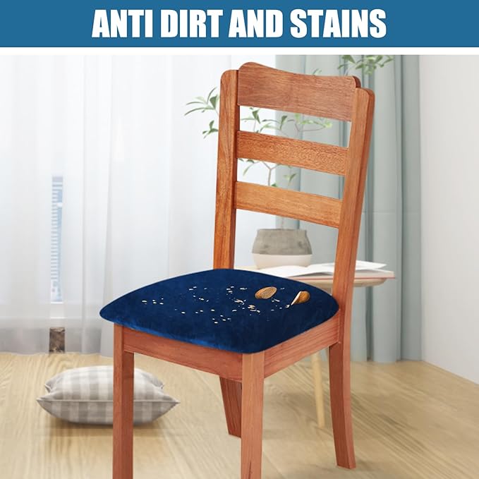 Smiry Velvet Seat Covers for Dining Room Chair Set of 4, Stretch Fit Removable Washable Chair Seat Cushion Protector Slipcovers with Ties, Federal Blue