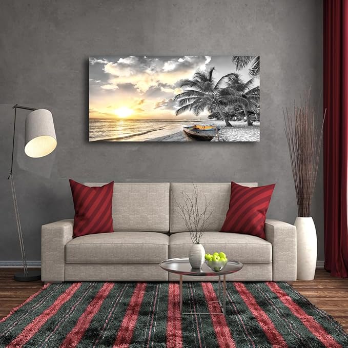 Black and White Beach Pictures Canvas Wall Art for Living room Bedroom Wall Decor,Seascape Wall Art Print Paitnings for home Decor,Morden Artwork Sunset Canvas Art Waterproof Stretched Ready to