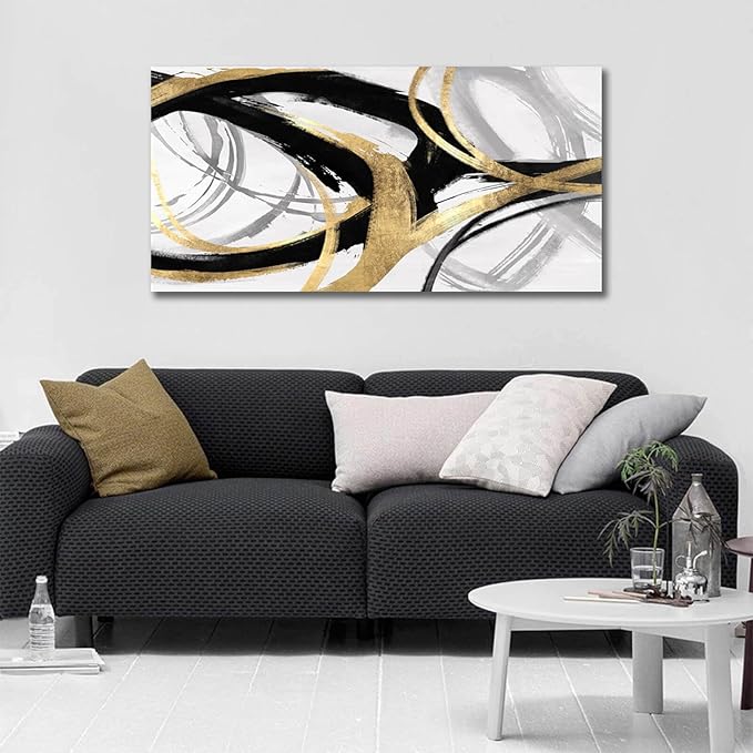 Kureful Gold Wall Decor - Black Canvas Wall Art for Living Room- Large Line Artwork - 20" x 40" Oil Painting Abstract Pictures for Bedroom Kitchen Home Office
