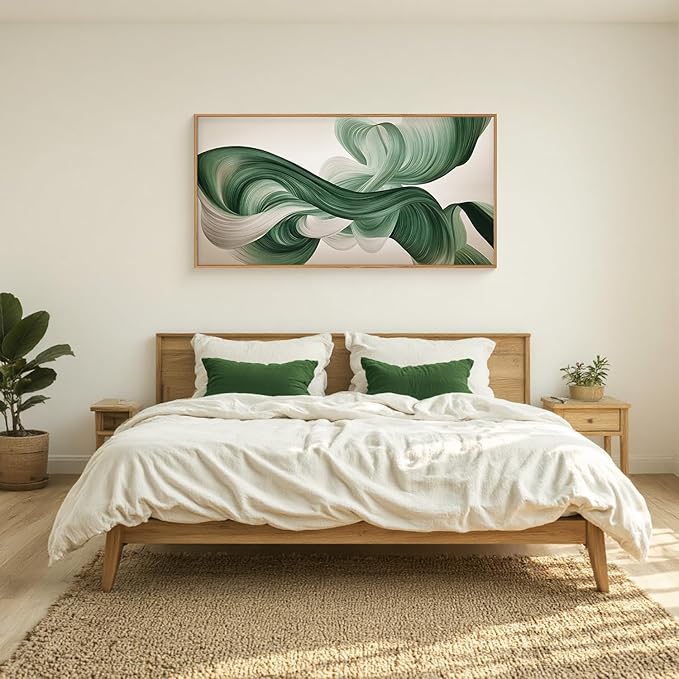 KAIRNE Green Abstract Neutral Wall Art Set, Minimalist Green Lines Wall Decor, Modern Flowing Texture Painting for Living Room, Bedroom, Office, Framed Easy to Hang 20x40 Inches