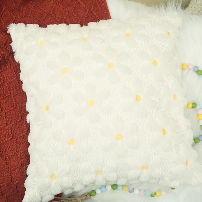 GEEORY Daisy Soft Plush Pillow Covers, 18 x 18 Inch Set of 2, Fluffy Faux Fur Wool Decorative Farmhouse Cushion Case for Sofa Home Decoration Cream GC030-18