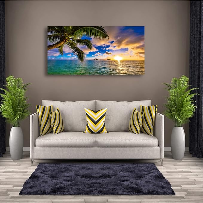 Seascape Sunset Pictures Canvas Wall Art For Living Room Bedroom Wall Decor,Palm Wall Art Print Paitnings For Home Decor,Morden Artwork Coconut Tree Canvas Art Waterproof Ready To Hang-20X40Inches