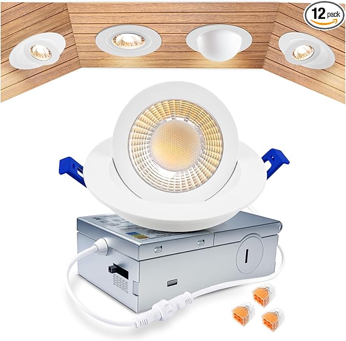 zouzai 5CCT LED Gimbal Led Recessed Light with Junction Box, 360°+90° Adjustable Directional Eyeball Lighting, Dimmable, 2700K/3000K/3500K/4000K/5000K,ETL&Energy Star (White 1 Pack, 3 inch)