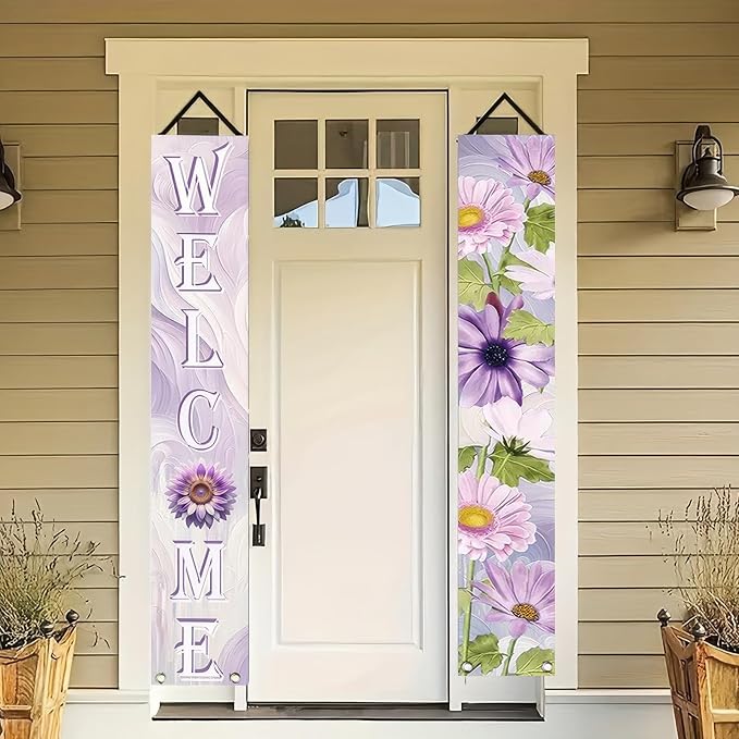2pcs Welcome Summer Door Banner Colorful Daisy Porch Banners Sign Sunflower Floral Front Door Hanging Decor Banner for Seasonal Home Hawaii Tropical Party Outdoor Decorations