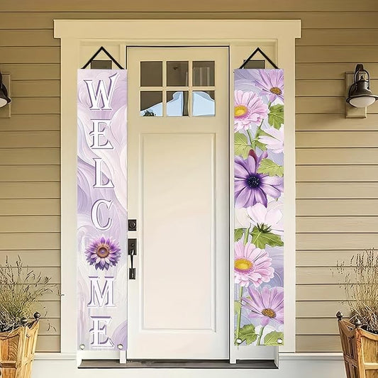 2pcs Welcome Summer Door Banner Colorful Daisy Porch Banners Sign Sunflower Floral Front Door Hanging Decor Banner for Seasonal Home Hawaii Tropical Party Outdoor Decorations