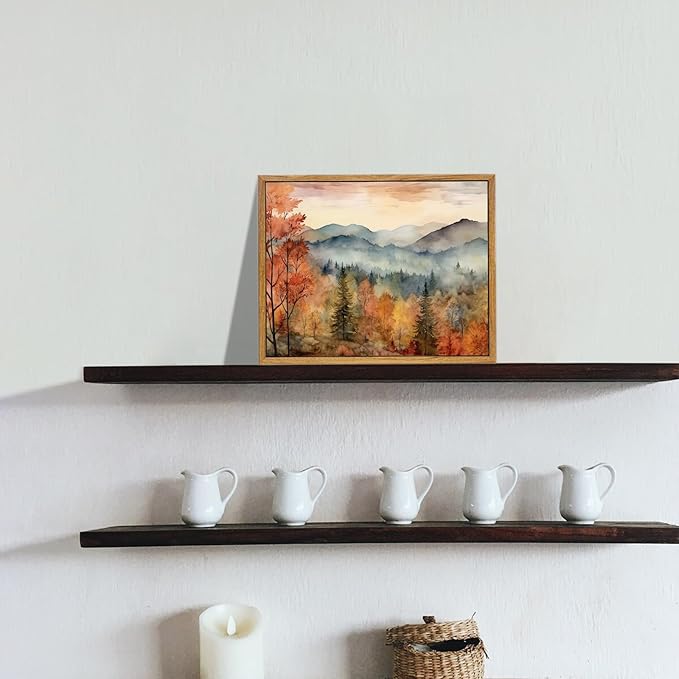 KBKBART Framed Vintage Wall Art for Living Room, Retro Autumn Watercolor Country Landscape Canvas Fall Wall Art Painting Farmhouse Bedroom Decor, Rustic Vintage Wall Decor (9"x11")
