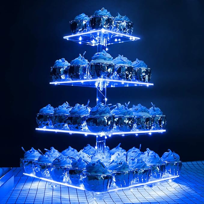YestBuy 4 Tier Acrylic Cupcake Stand Afternoon Tea Cake Stand Large Cupcake Stand Cupcake Tower Cupcake Holder for Pastry + LED Light String Ideal for Weddings Birthday Bar Party Décor (Blue Light)
