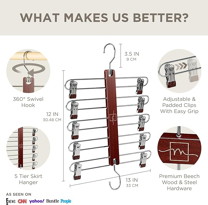MORALVE Skirt Hangers Space Saving with Clips - 2 Pack - European Beechwood 5-Tier Hanger for Shorts, Skirts, and Pants - Closet Organizer and Storage Solution for Women with 360° Swivel Hook