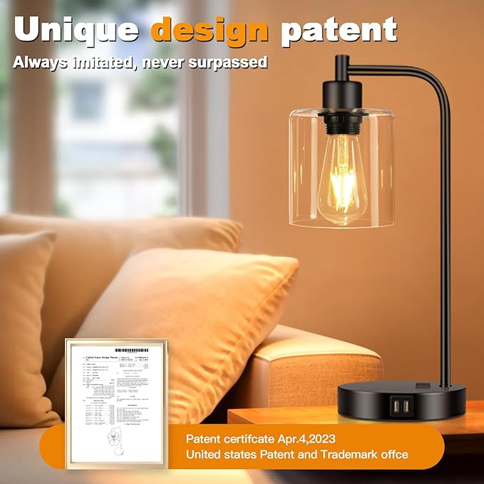 Set of 2 Industrial Touch Control Table Lamps with 2 USB Ports and AC Outlet - 3-Way Dimmable Black Bedside Lamps Nightstand Desk Lamps for Bedroom Living Room, Glass Shade & 2 LED Bulbs Included