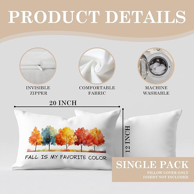 Fall is My Favorite Color Maple Tree Pillow Cover 20x12, Autumn Maple Leaf Throw Pillow Case for Couch Sofa Bed, Fall Decorative Cushion Cover for Home Living Room Bedroom Decor