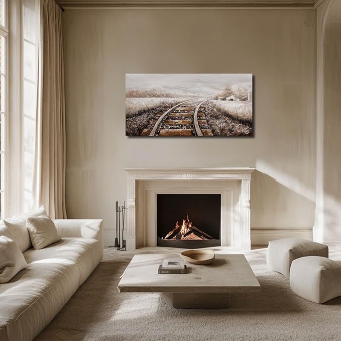 GAIDUOMAI Farmhouse Wall Decor Railway Canvas Painting Countryside Wall Art Mountain Artwork for Bedroom Dining Room 24"x48" hallway decor Grey Picture