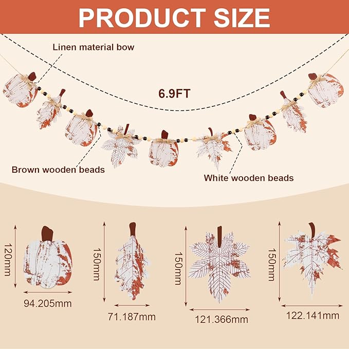 Yalikop 6.9 ft Fall Garland Wood Bead Banner with Pumpkin and Maple Leaves Thanksgiving Hanging Decorations for Farmhouse Home Wall Fireplace Autumn Halloween Birthday Baby Shower Party