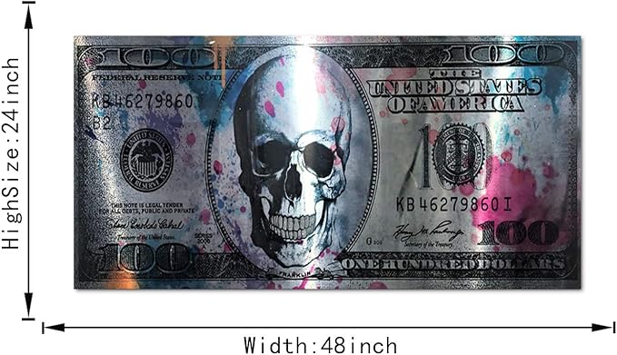 Yatsen Bridge Retro Skull Dollar Bill Canvas Art Print, 48" W x 24" H, Framed, Green, Black, Wood Frame, Waterproof, Landscape, Glossy Finish, Perfect for Living Room, Bedroom, Kitchen, Office, Bar