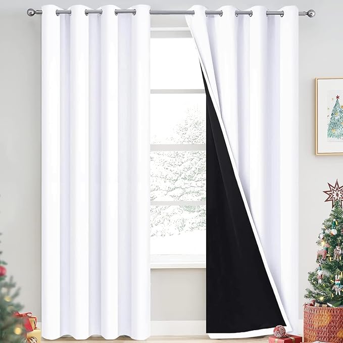 Yakamok Pure White 100% Blackout Curtains, 2 Thick Layers Completely Blackout Curtains Thermal Insulated Noise Reducing Drapes for Bedroom(52Wx90L, Pure White, 2 Panels)