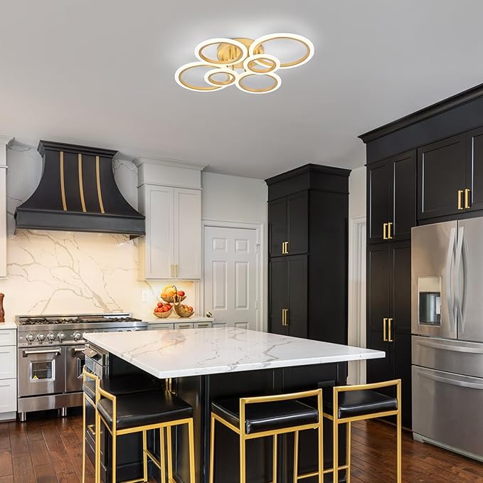 Modern LED Ceiling Light, Gold 6 Rings Flush Mount Ceiling Light, 4000K Lighting Fixture Ceiling Lamp for Kitchen, Bedroom, Living Room, Laundry Room